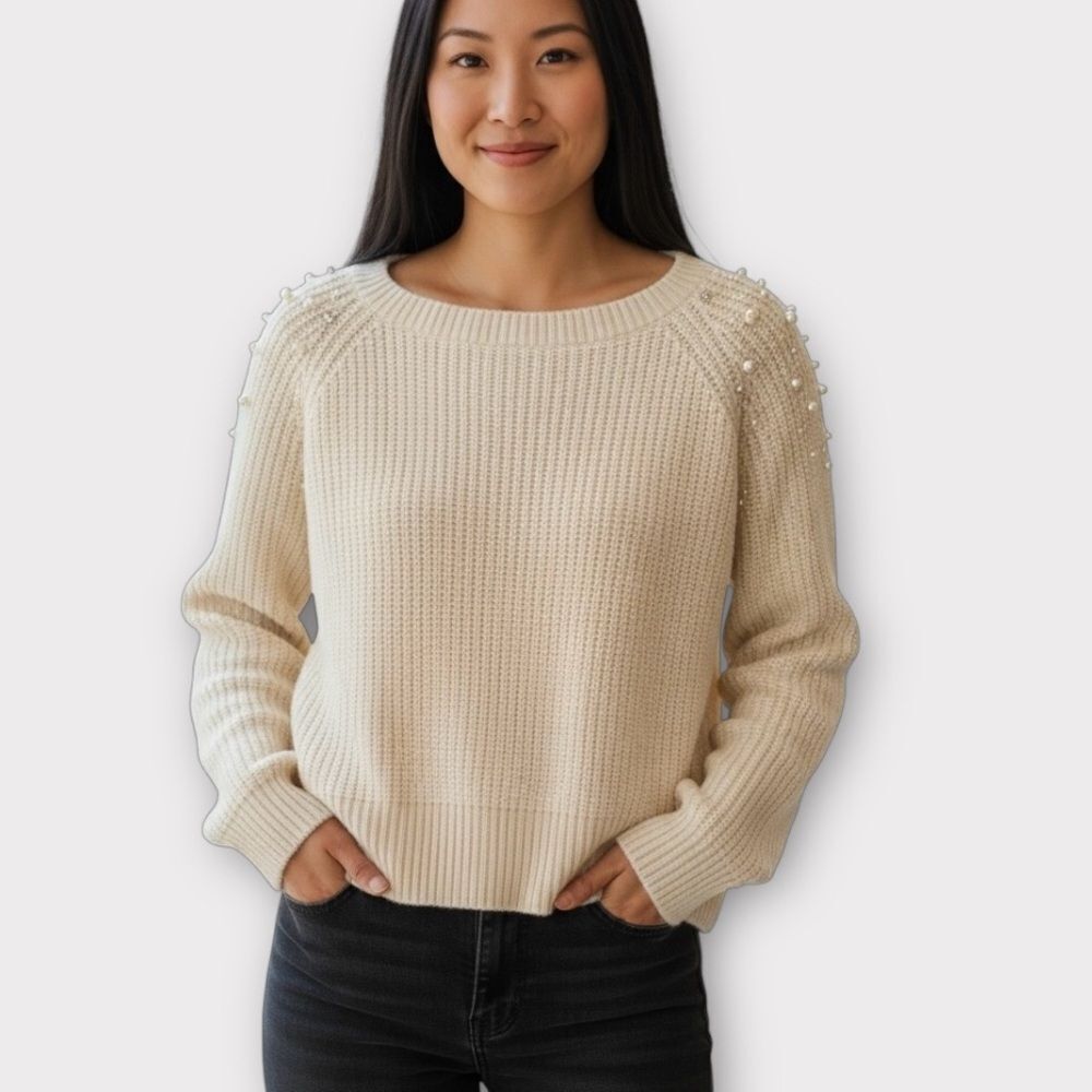 VICI On Twelfth Cropped Crew Neck Sweater Bead Embellishment in Cream Size XS